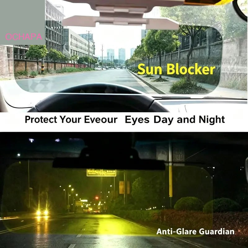 2-in-1 Day & Night Anti-Glare Car Sun Visor - Universal Clip-On Adjustable Shield with Dark + Amber Panels, 180° Rotating Telescopic Glare Guard for Low Sun & Oncoming Headlights, Tool-Free Safety Visor Extension Fits Most Cars, Trucks & SUVs