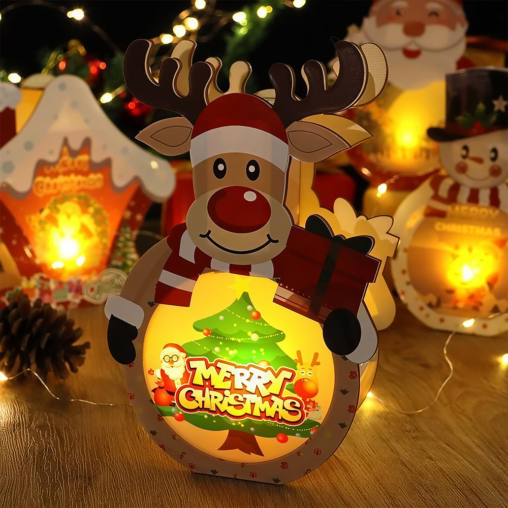 Lighted Wooden Reindeer Christmas Ornament, DIY Color Painting Elk Hanging Lamp, LED Wooden Christmas Tree Hanging Decoration for Holiday Decor