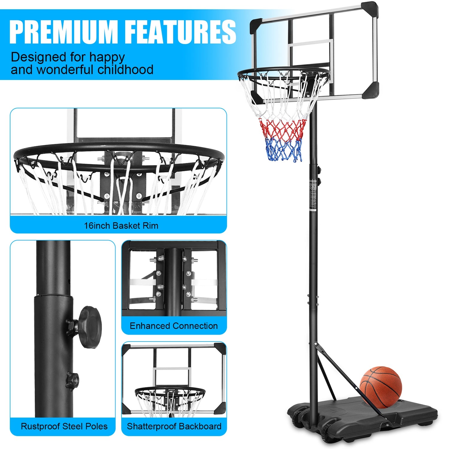 1Set Portable Kids Basketball Hoop With Wheels, Height Adjustable 5.6 To 7ft Basketball Goal System Indoor Outdoor For Kids Teens Adults For Christmas Gift
