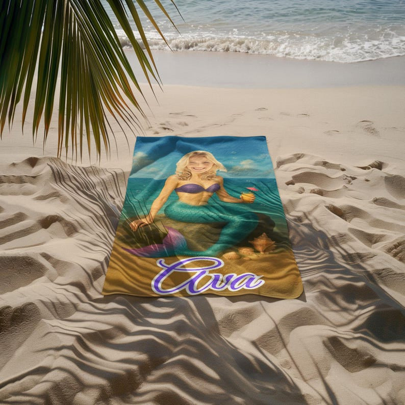 Personalized Mermaid Beach Towel, Custom Face & Name Beach Towel for Her/Girlfriend/Wife,Cute Mermaid Pool Towel, Custom Marine Beach Towel.