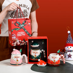Christmas Santa Ceramic Mug with Lid & Gift Box, Cute 3D Hand-Painted Santa Coffee Cup, Holiday Xmas Gift for Family Friends