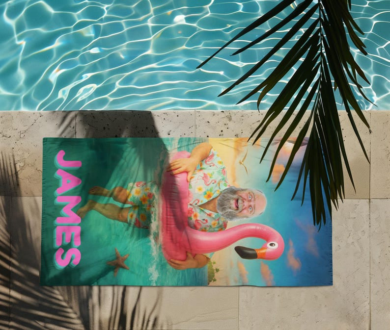Personalized Funny Flamingo Beach Towel with Custom Face & Name, Pool Towel Vacation Gift.