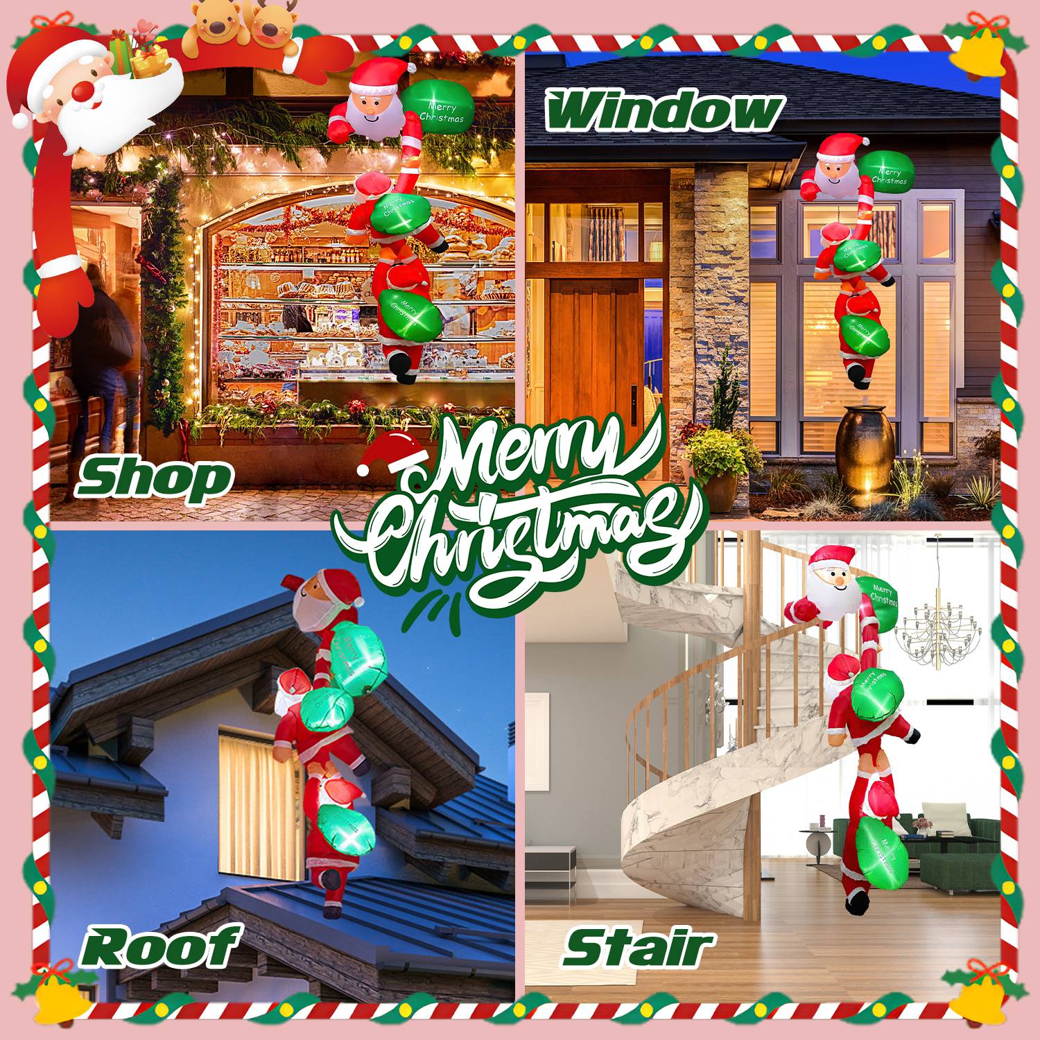 8FT Climbing Inflatable Santa Claus with Light Hanging Blow Up Christmas Inflatable Indoor Outdoor Christmas Decorations 3 Santa Claus 3 Merry Christm