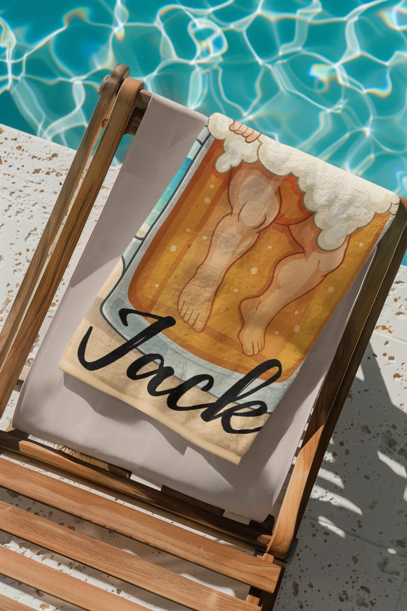 Personalized Beer Mug Beach Towel with Custom Face and Name, Funny Summer Pool Gift.