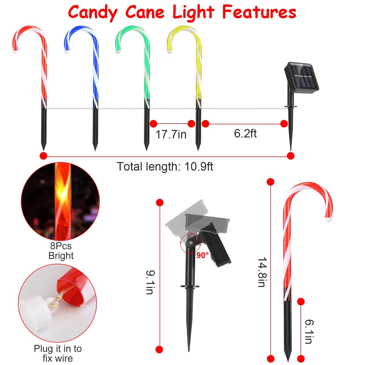 Solar Christmas Candy Cane Light IP55 Waterproof Stake Light Lamp for Patio Yard Garden Pathway Outdoor Christmas Decorative Light