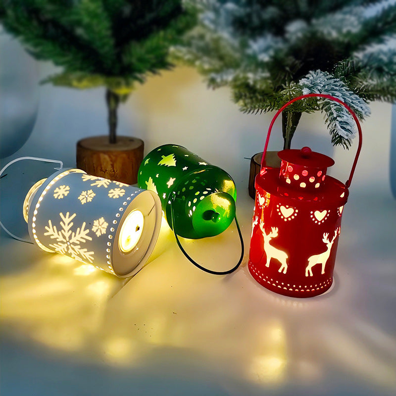 Christmas Mini Metal LED Lantern, Hollow Snowflake Reindeer Tree Pattern, Portable Hanging Night Light, Xmas Tabletop Decor for Home, Party, Holiday Decoration