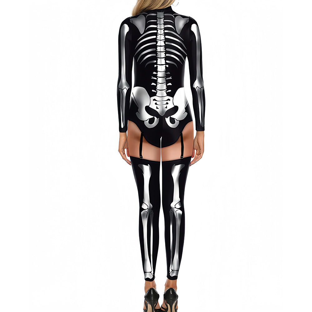 Halloween skull and skeleton print tight-fitting costume, Halloween party, costume makeup, dance party, cosplay role-play