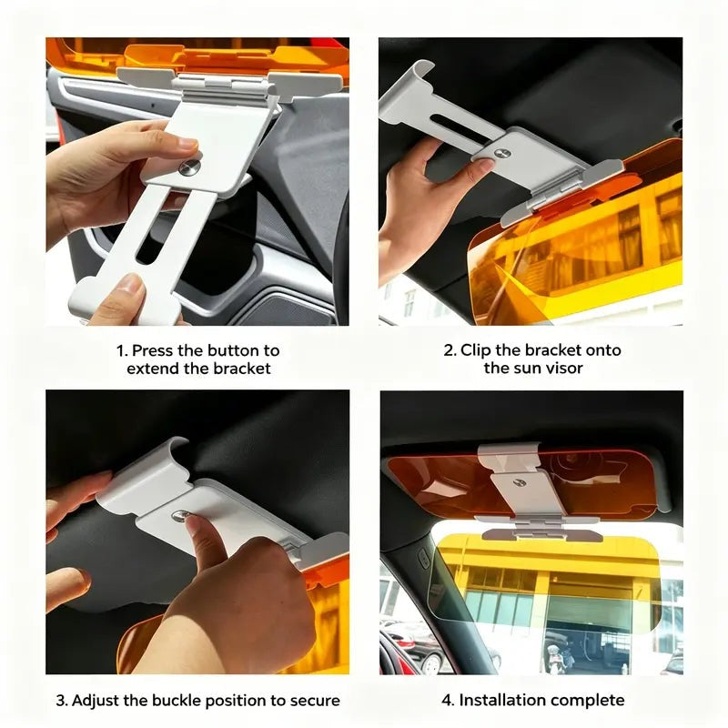 2-in-1 Day & Night Anti-Glare Car Sun Visor - Universal Clip-On Adjustable Shield with Dark + Amber Panels, 180° Rotating Telescopic Glare Guard for Low Sun & Oncoming Headlights, Tool-Free Safety Visor Extension Fits Most Cars, Trucks & SUVs