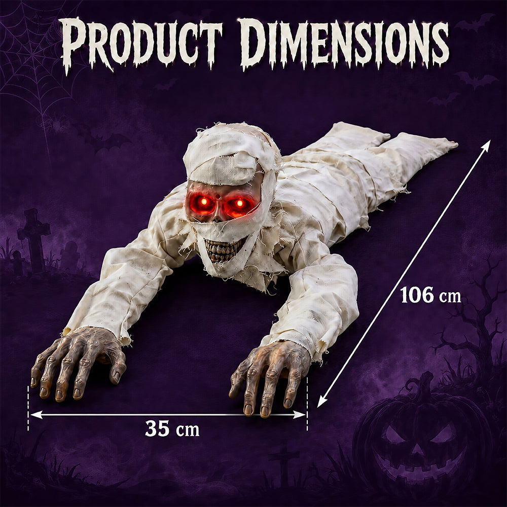 Halloween crawling mummy, an interactive prop with red glowing eyes and terrifying sounds, suitable for outdoor courtyard haunted house decoration