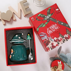 Santa Claus mug gift set - Includes a Christmas hat lid and tree-shaped spoon, with a gift box with a bag (3-piece set)