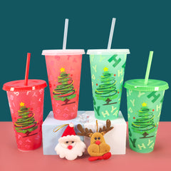 Christmas Color Changing Plastic Tumbler with Lid and Straw, 24oz Reusable Cold Cup, Christmas Tree Pattern Color Change Cup for Holiday Party, Xmas Gift for Family Friends
