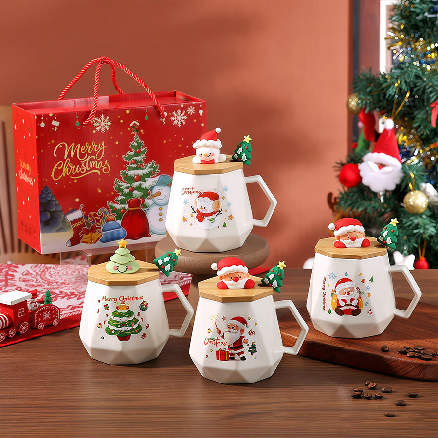 Christmas Mug Gift Set with Warmer - Santa Ceramic Coffee Mug, Wooden Lid & Tree Spoon, Holiday Keepsake Gift Box (4-Piece)