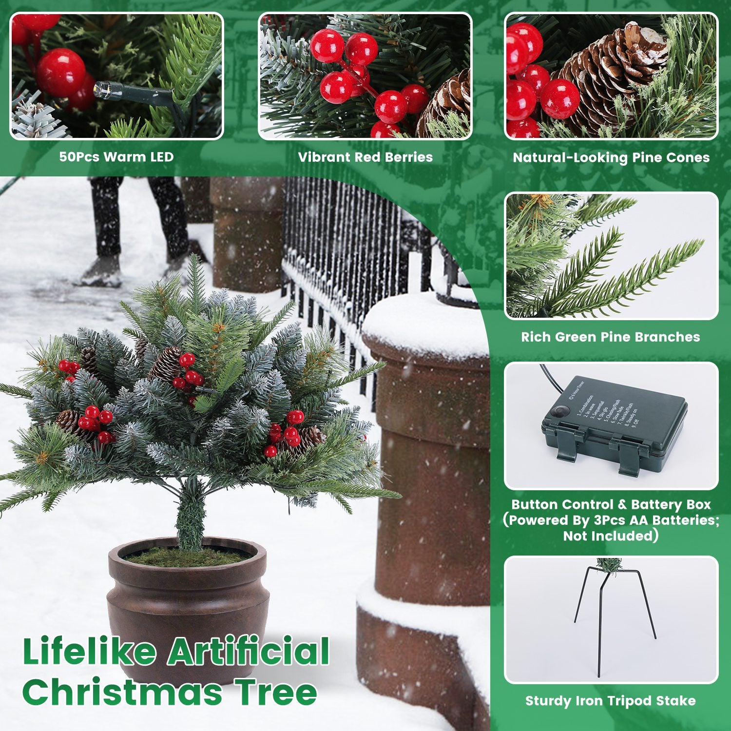2Pcs Christmas Tree Urn Filler With Light Artificial Lighted Xmas Trees Light with Cones Berries Holiday Planter Filler LED Pathway Pine Tree IP44 Wat