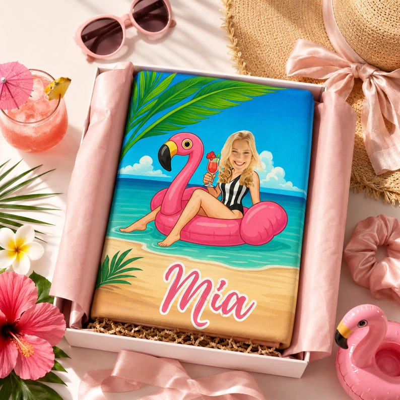 Custom Face Flamingo Beach Towel, Personalized Bachelorette Gift,
