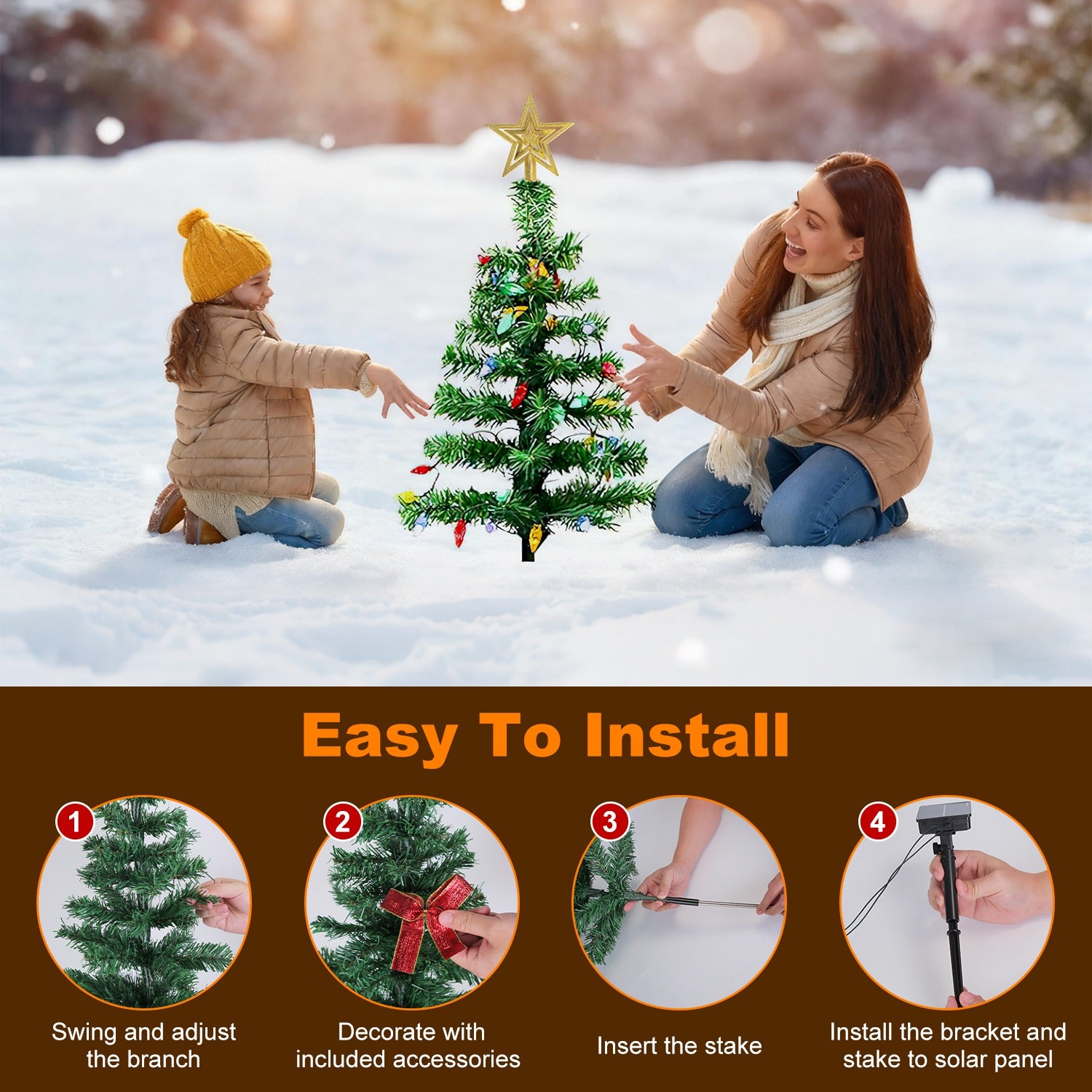 2Pack 37.4in Height Solar Christmas Tree With 100 Colorful LED Beads 8 Lighting Modes For Xmas Decoration IP44 Waterproof Outdoor Pathway Stake Light
