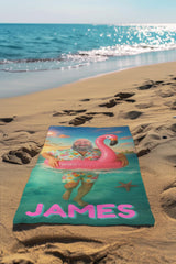 Personalized Funny Flamingo Beach Towel with Custom Face & Name, Pool Towel Vacation Gift.
