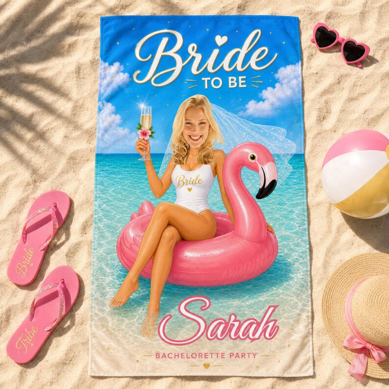 Bridal Beach Towel Custom Face, Bride to Be Bachelorette Party Gift, Future Mrs Photo.