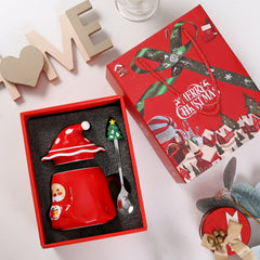 Santa Claus mug gift set - Includes a Christmas hat lid and tree-shaped spoon, with a gift box with a bag (3-piece set)