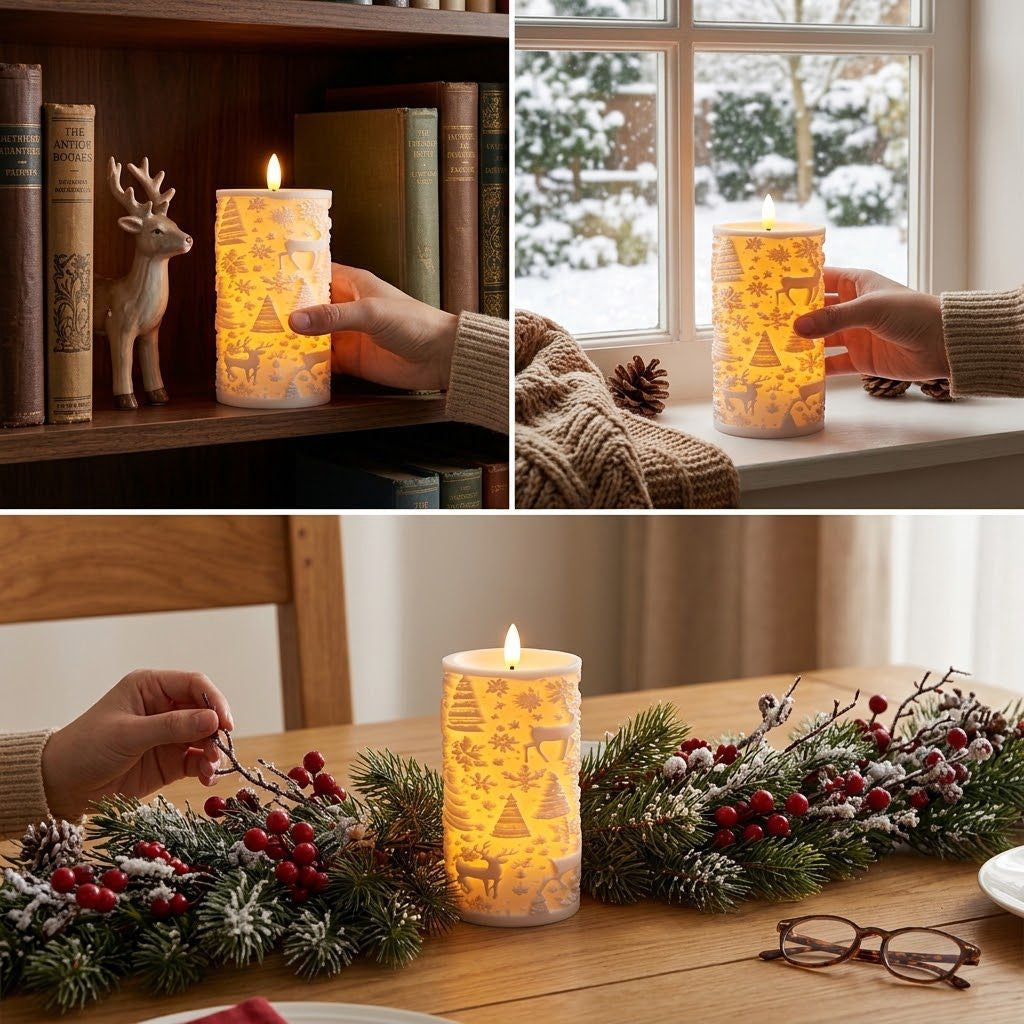 Christmas Embossed LED Flameless Candle, Flickering Realistic Flame, Snowflake Reindeer Tree Pattern, Battery Operated Pillar Candle for Xmas Home Table Decor, Holiday Gift
