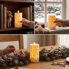 Christmas Embossed LED Flameless Candle, Flickering Realistic Flame, Snowflake Reindeer Tree Pattern, Battery Operated Pillar Candle for Xmas Home Table Decor, Holiday Gift