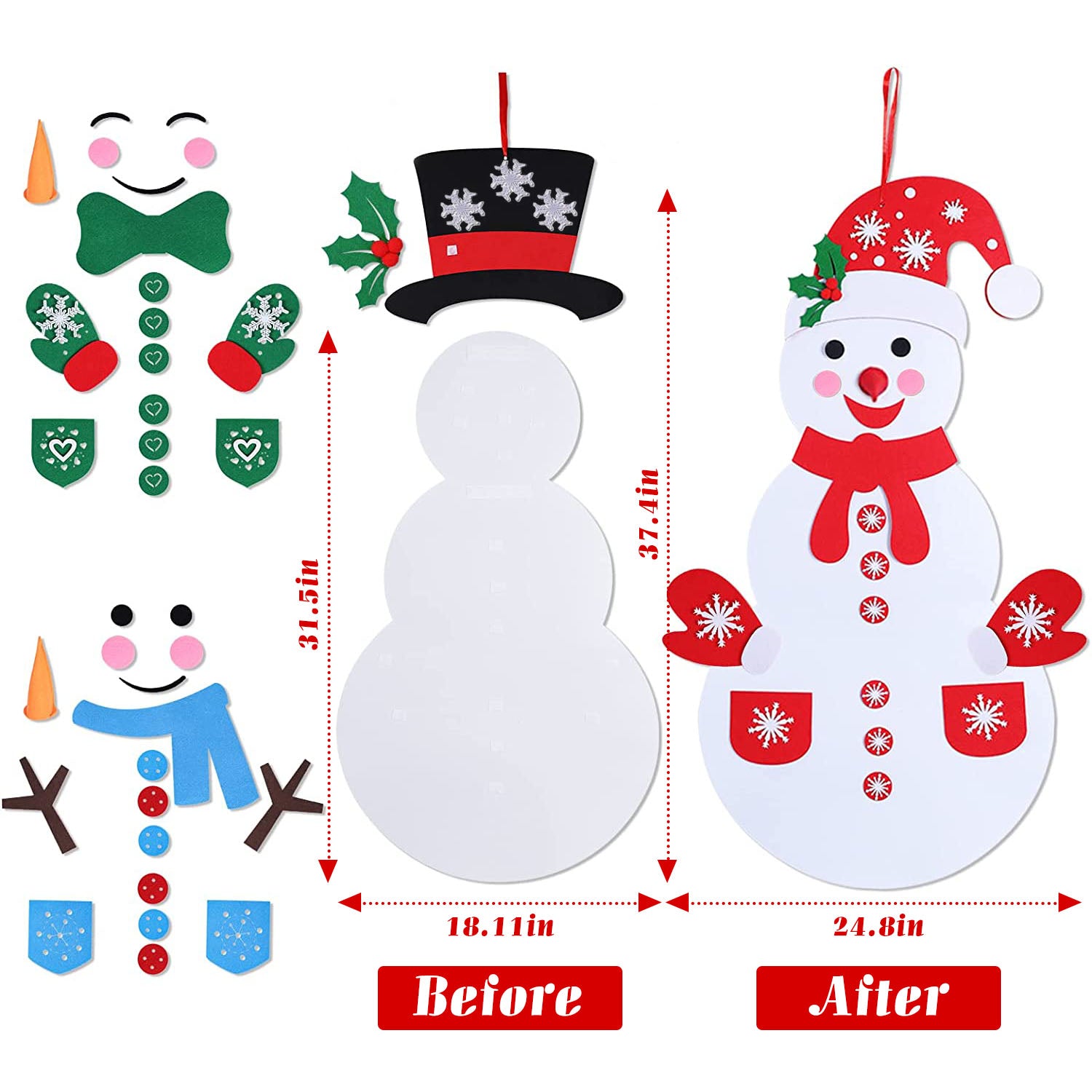Felt Christmas Snowman Set DIY Felt Christmas Hanging Decorations Kits with 54Pcs Detachable Ornaments Xmas Gift for Toddlers