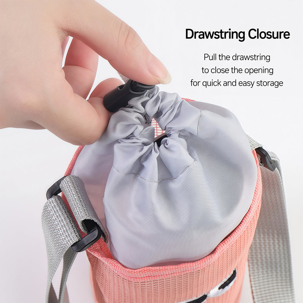 Wire mesh drawstring bag for holding water cups, bottles and thermos cups. Single-shoulder crossbody bag.