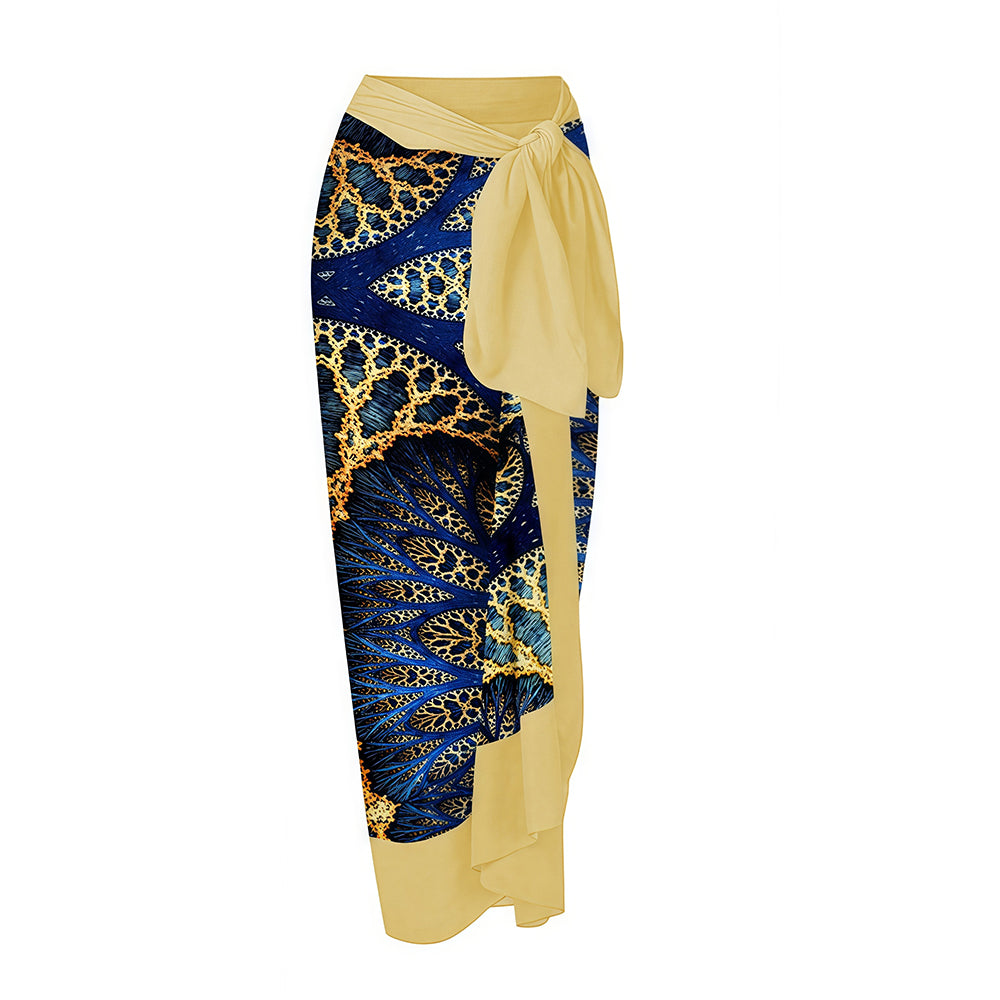 Luxury Blue & Gold Leaf Print Swimsuit with Wrap Skirt