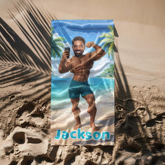 Personalized Muscle Beach Towel with Face and Name, Funny Gym Gift, Bachelor Party Gifts.