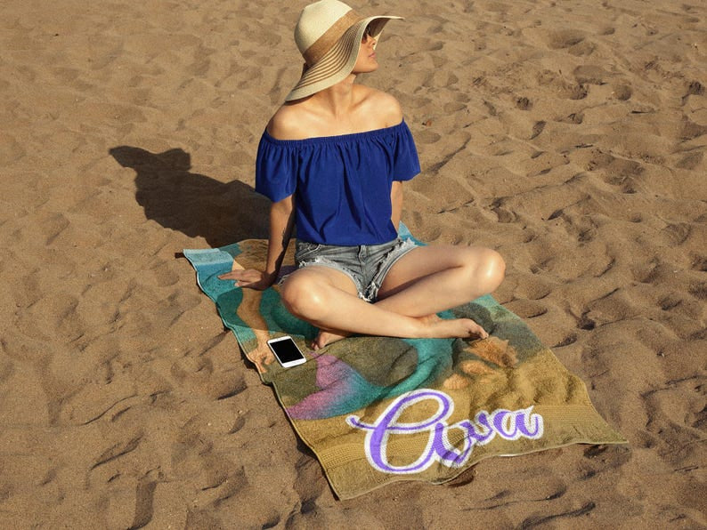 Personalized Mermaid Beach Towel, Custom Face & Name Beach Towel for Her/Girlfriend/Wife,Cute Mermaid Pool Towel, Custom Marine Beach Towel.