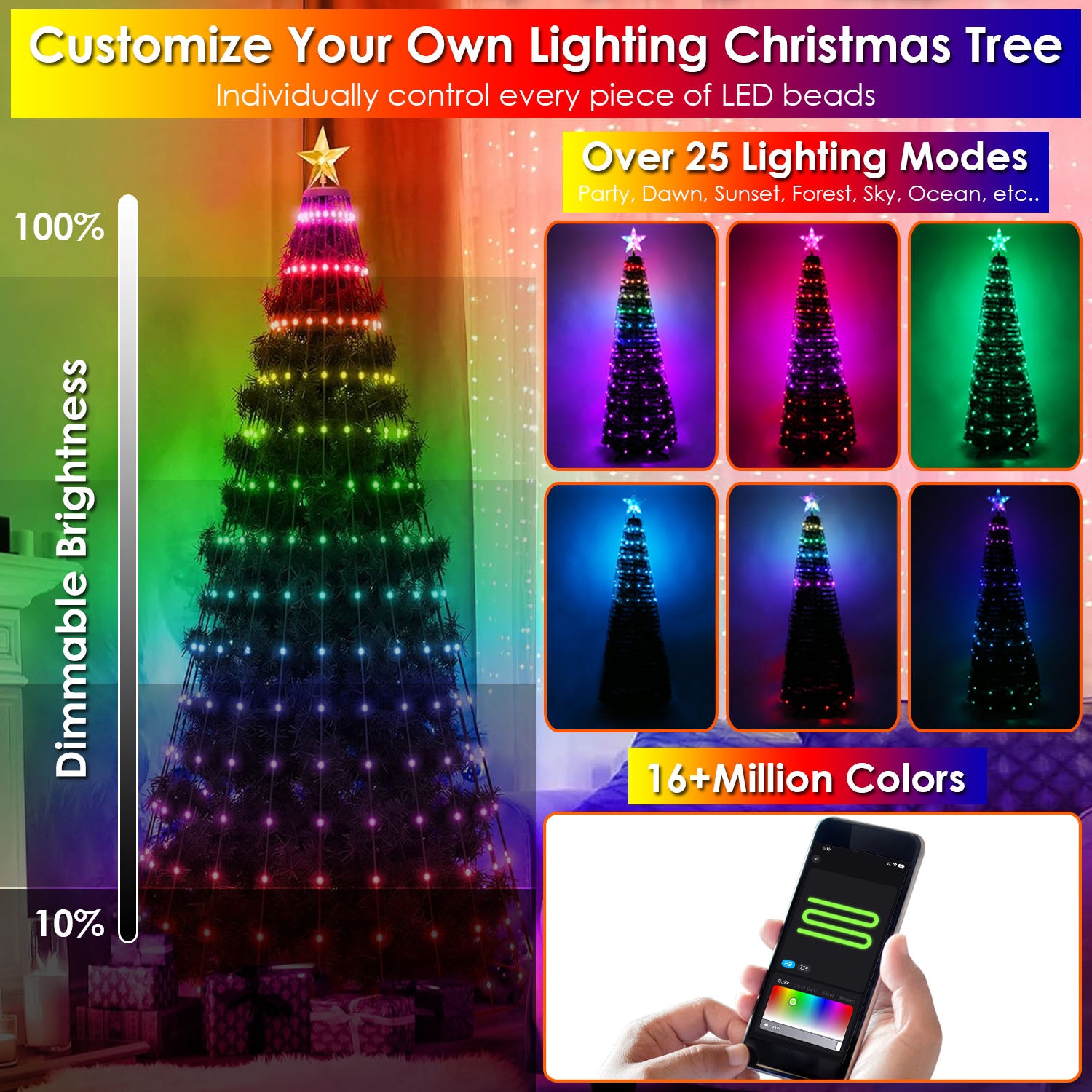 4.9FT 166Pcs LED Lights Collapsible Christmas Tree Light with Remote App Control IP65 Waterproof Customized Multi-Color Mode Timer Setting Work with A