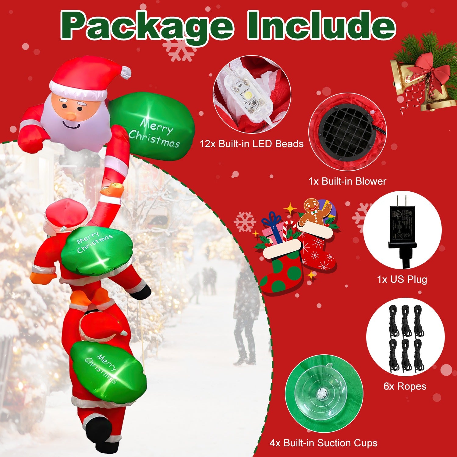 8FT Climbing Inflatable Santa Claus with Light Hanging Blow Up Christmas Inflatable Indoor Outdoor Christmas Decorations 3 Santa Claus 3 Merry Christm
