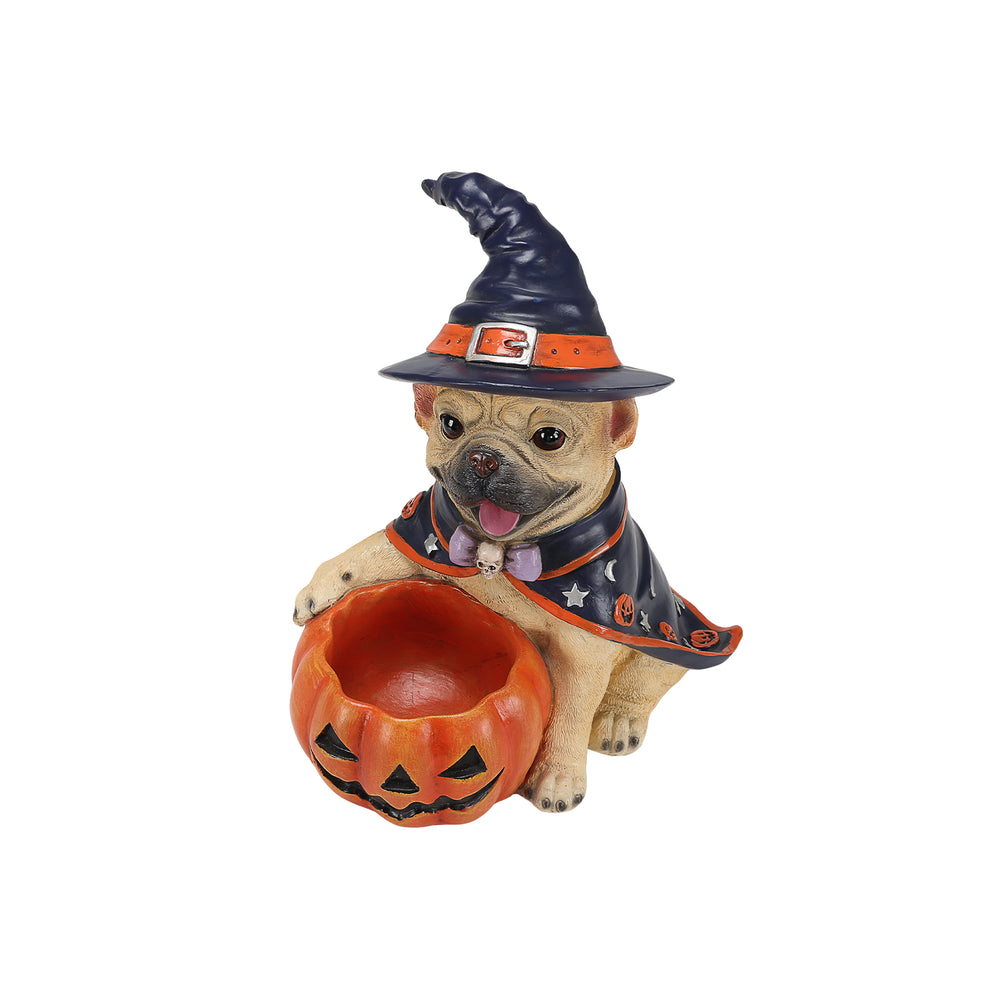 Halloween dog statue with a treat pumpkin on a plain background, side view, showing the cape down its back