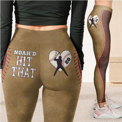 Customized Text Baseball Theme High-Waist Yoga Pants - "Hit That" Fun Graphic Butt-Lift Leggings with Personalized Heart & Stitches Design