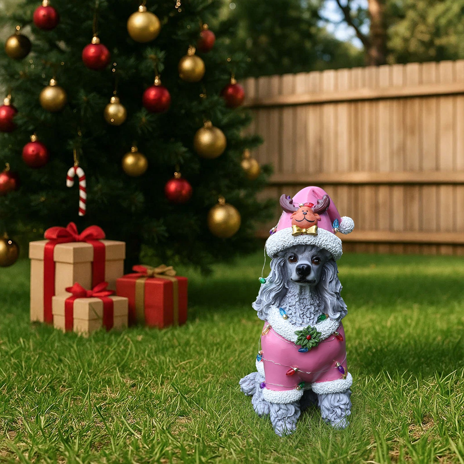 The Poodle in the pink Santa coat out on the lawn at dusk with the lights of the house behind