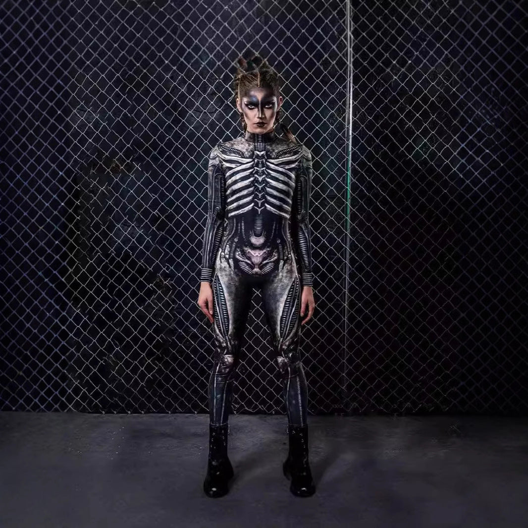 Halloween women's cosplay jumpsuit with human bone print and gothic style for costume party