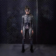 Halloween women's cosplay jumpsuit with human bone print and gothic style for costume party
