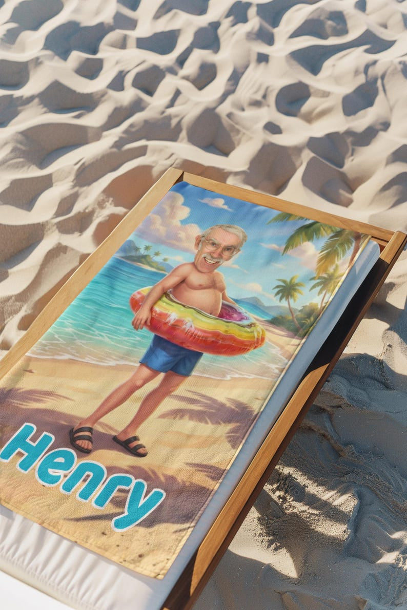 Personalized Funny Beach Towel with Face & Name, Custom Grandpa Gift, Funny Bath Towels.
