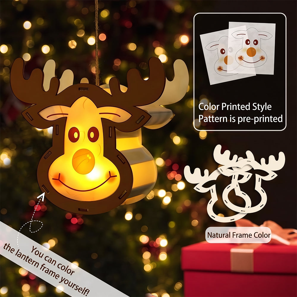 Lighted Wooden Reindeer Christmas Ornament, DIY Color Painting Elk Hanging Lamp, LED Wooden Christmas Tree Hanging Decoration for Holiday Decor