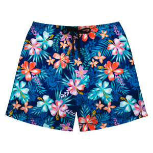Custom Photo Hawaiian Shorts – Personalized Sunset Orange Floral & Palm Leaf Shorts – Unique DIY Coastal Vacation Swimwear