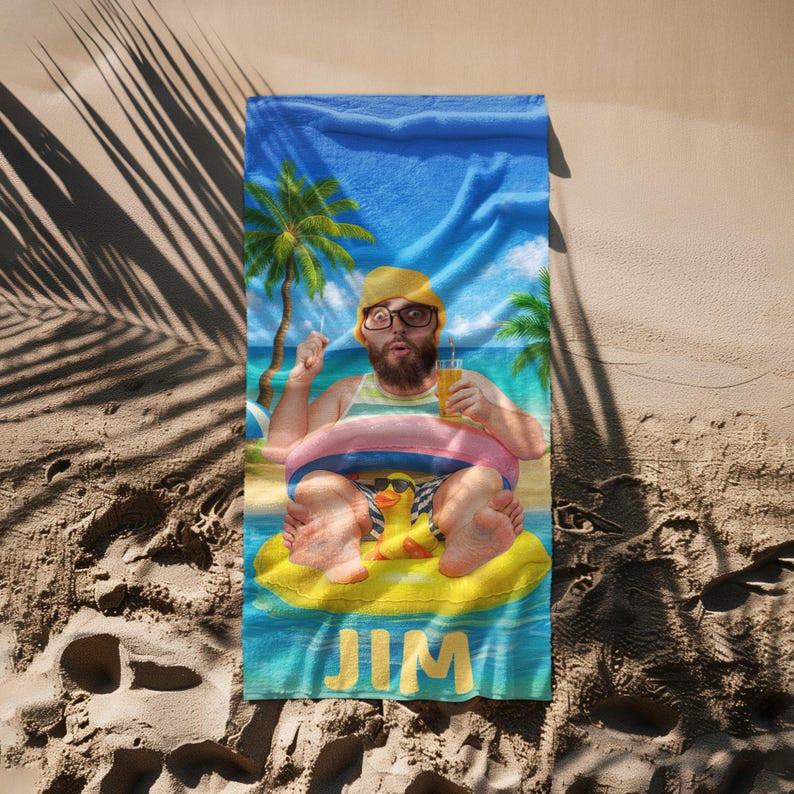 Personalized Beach Towel with Face and Name, Funny Pool Float Vacation Gift, Birthday Gift .