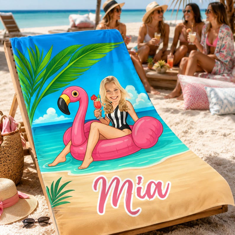 Custom Face Flamingo Beach Towel, Personalized Bachelorette Gift,