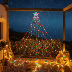 11.48FT 350LED Multicolored Christmas Star Waterfall Tree String Light Indoor Outdoor Waterproof String Lights With Star Topper 8 Light Modes Memory F