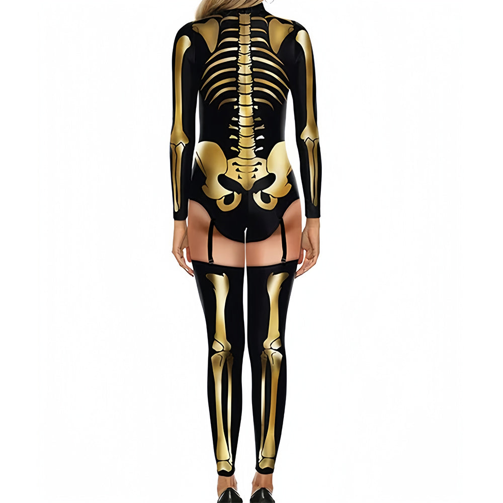 Halloween skull and skeleton print tight-fitting costume, Halloween party, costume makeup, dance party, cosplay role-play