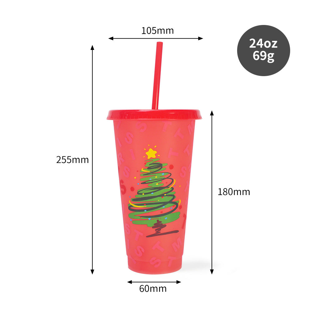 Christmas Color Changing Plastic Tumbler with Lid and Straw, 24oz Reusable Cold Cup, Christmas Tree Pattern Color Change Cup for Holiday Party, Xmas Gift for Family Friends
