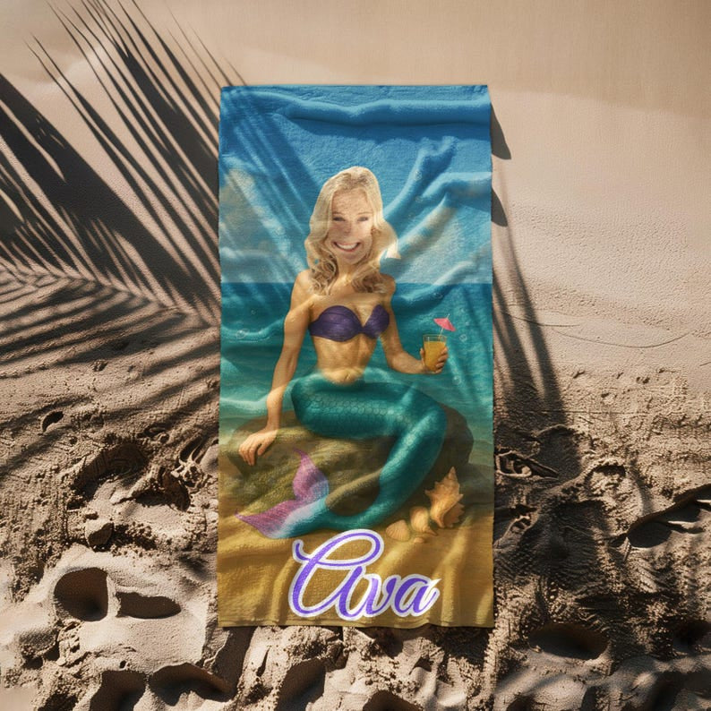 Personalized Mermaid Beach Towel, Custom Face & Name Beach Towel for Her/Girlfriend/Wife,Cute Mermaid Pool Towel, Custom Marine Beach Towel.