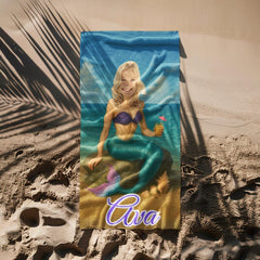 Personalized Mermaid Beach Towel, Custom Face & Name Beach Towel for Her/Girlfriend/Wife,Cute Mermaid Pool Towel, Custom Marine Beach Towel.