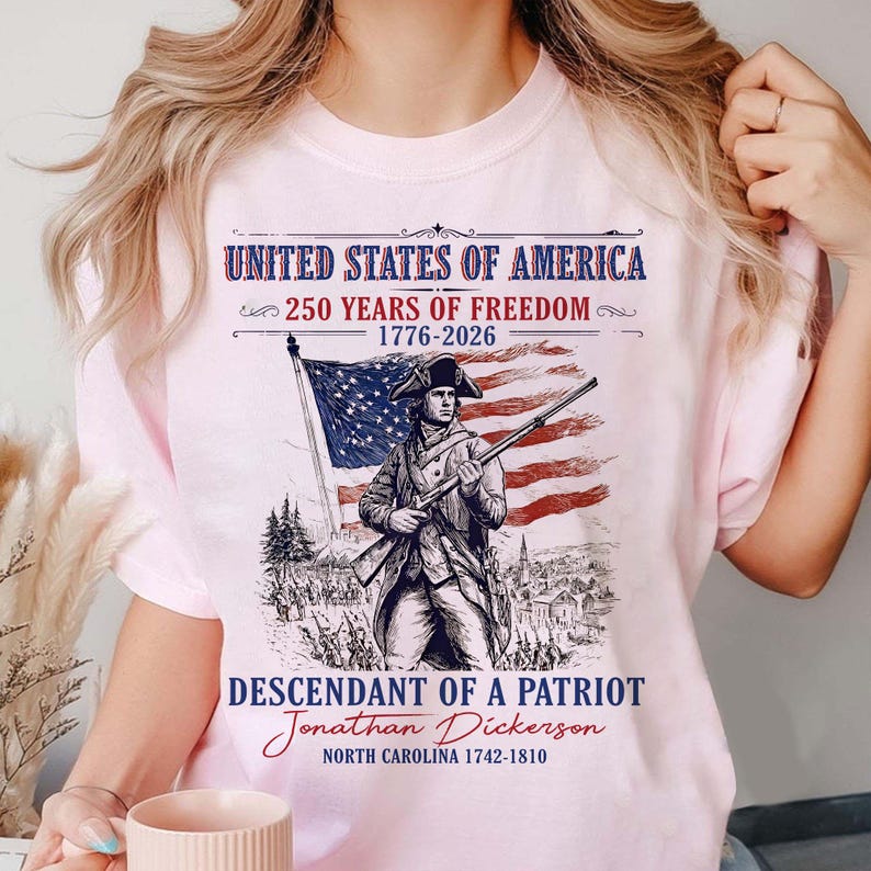Custom Descendant of a Patriot Shirt, Personalized Revolutionary War Ancestry Tee, 1776-2026 USA 250th Anniversary, Genealogy Heritage Gift