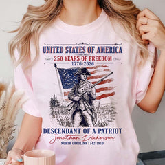 Custom Descendant of a Patriot Shirt, Personalized Revolutionary War Ancestry Tee, 1776-2026 USA 250th Anniversary, Genealogy Heritage Gift