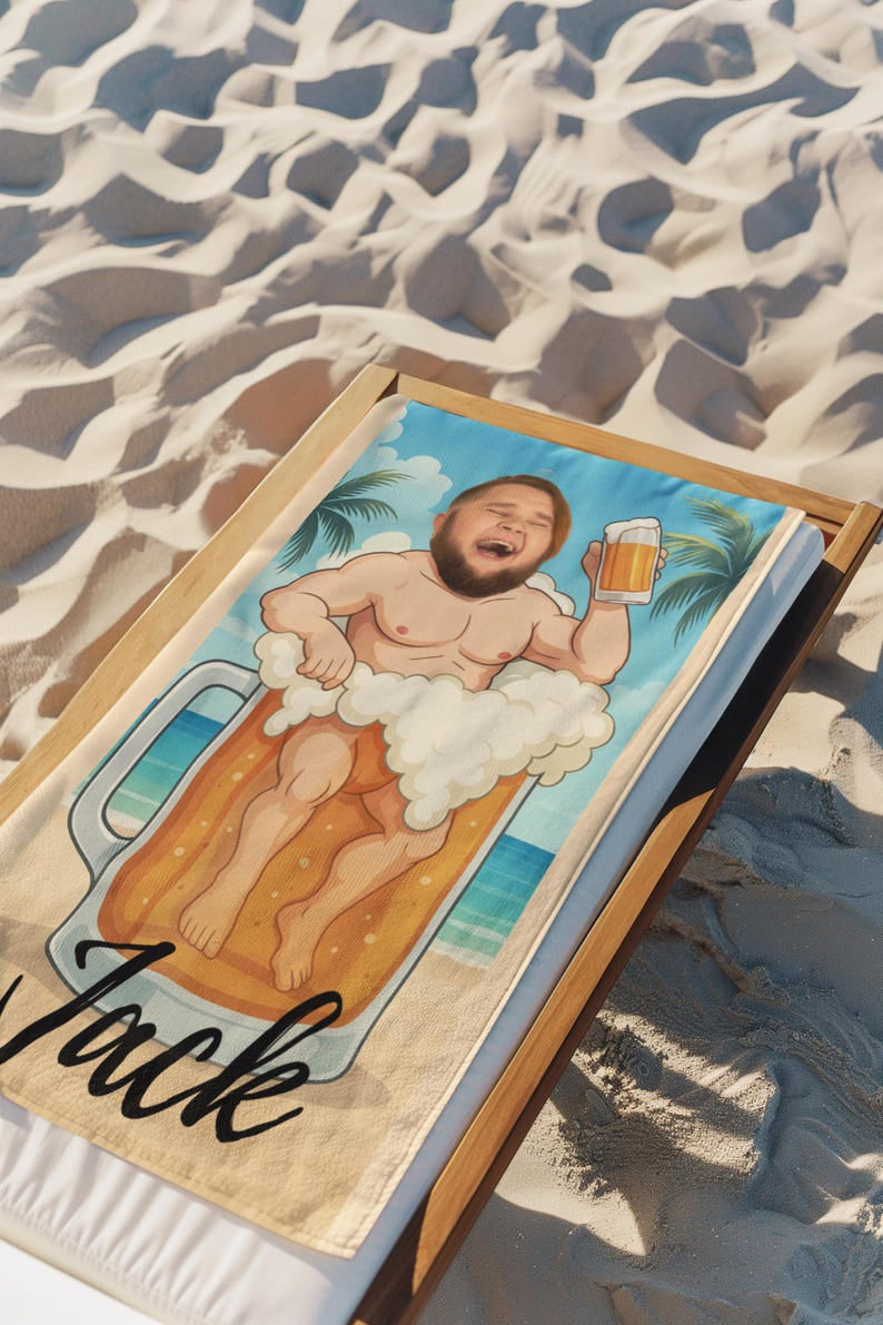 Personalized Beer Mug Beach Towel with Custom Face and Name, Funny Summer Pool Gift.