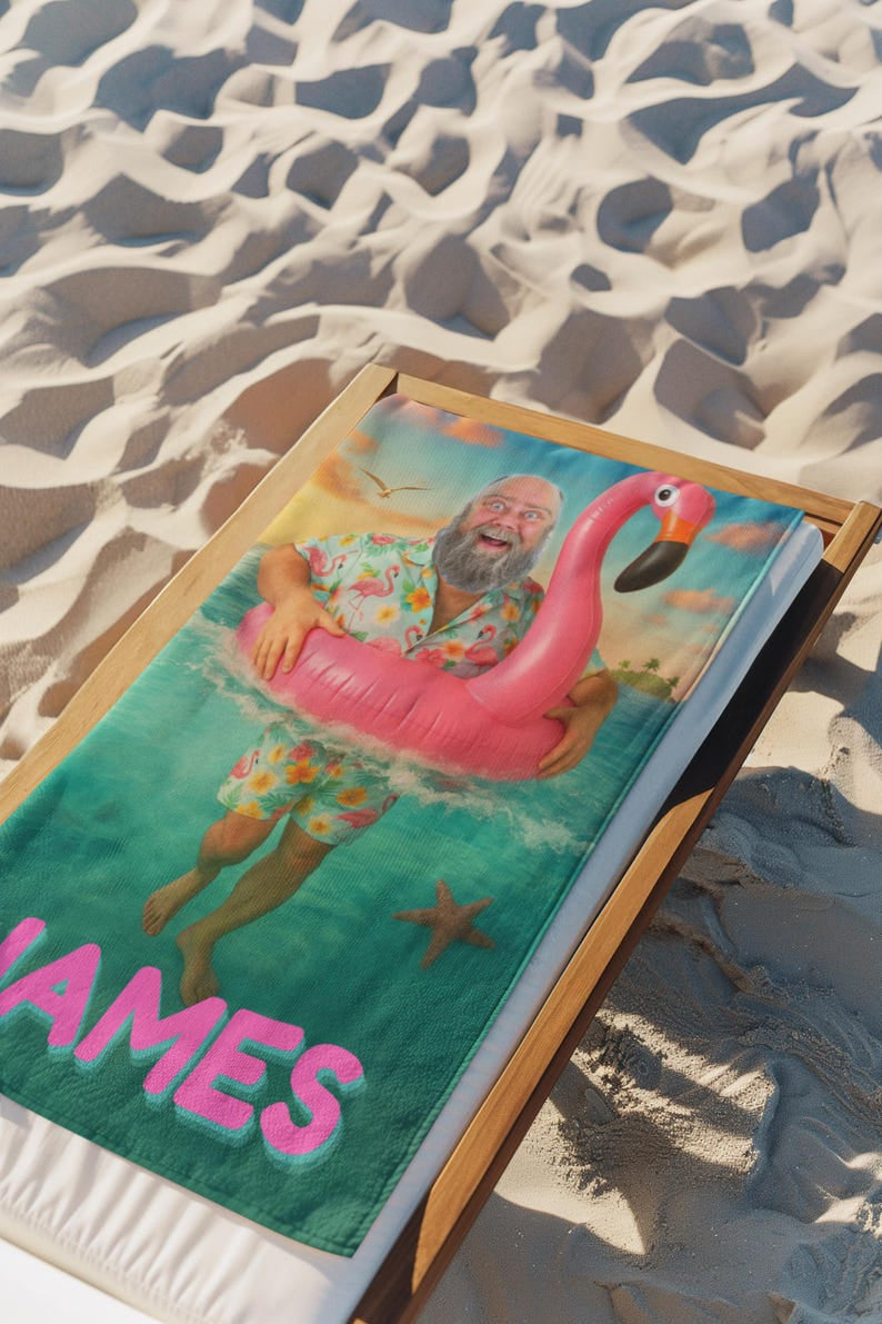 Personalized Funny Flamingo Beach Towel with Custom Face & Name, Pool Towel Vacation Gift.